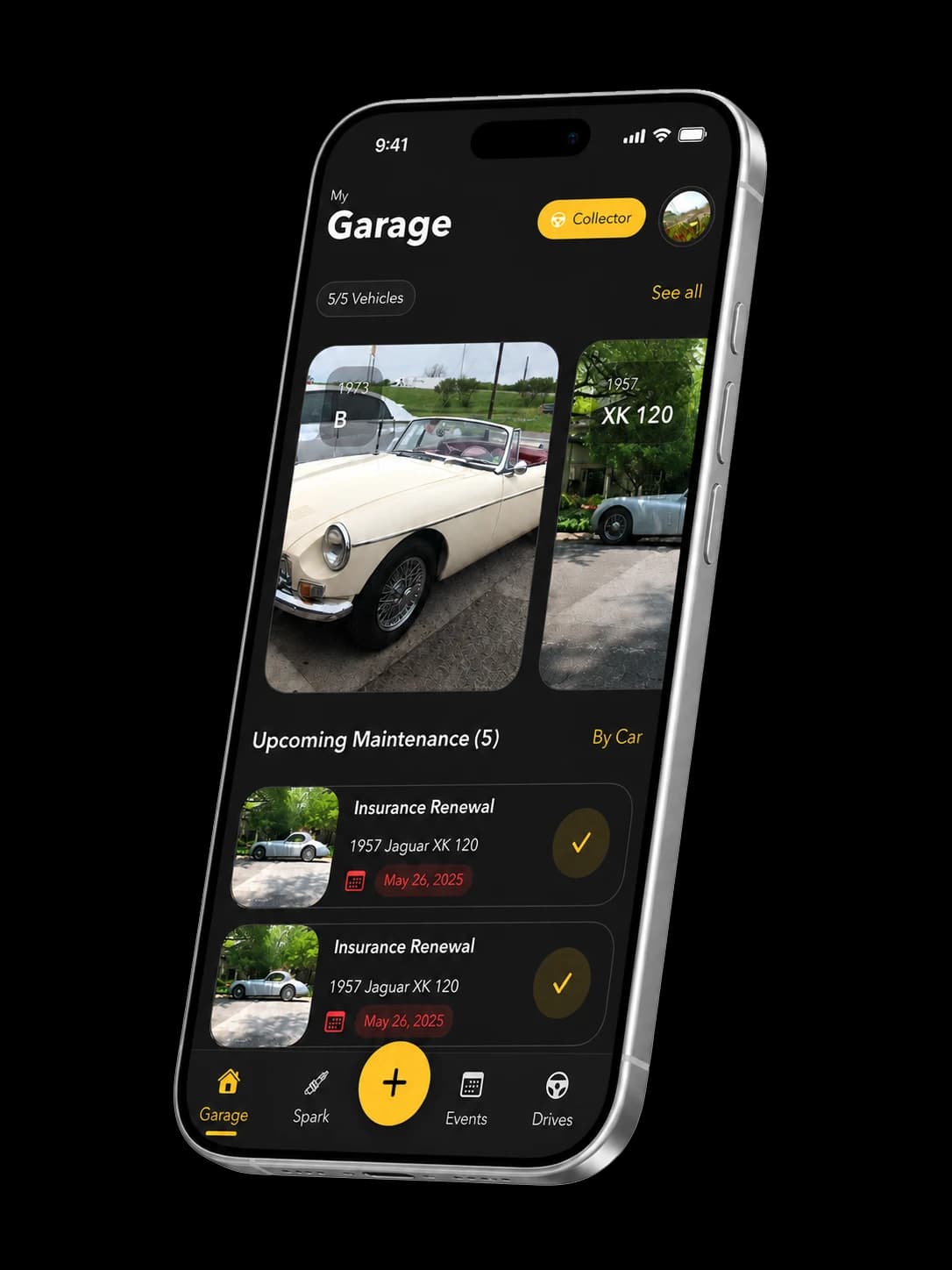Garageology app dashboard shown on an angled phone